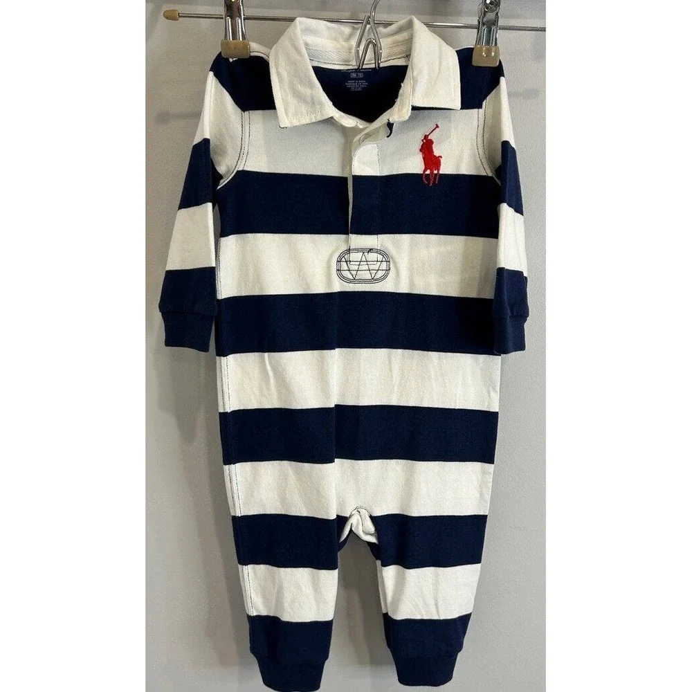 Ralph Lauren One Piece Romper Blue White Stripe Large Red Embroidered Pony 9M